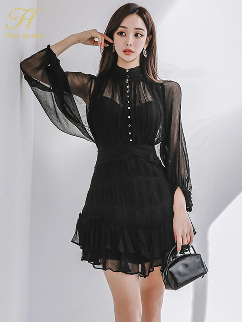 2024 Spring New in Dresses Elegant and Pretty Vintage Black Short Dress Women Simple Chiffon Casual Party Vestidos