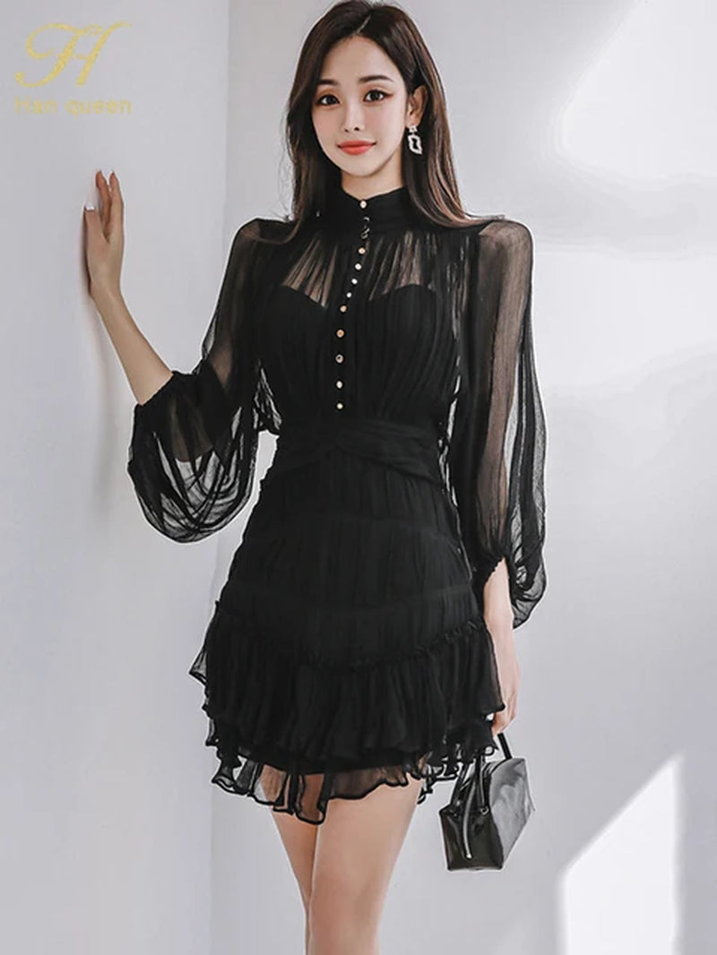 2024 Spring New in Dresses Elegant and Pretty Vintage Black Short Dress Women Simple Chiffon Casual Party Vestidos