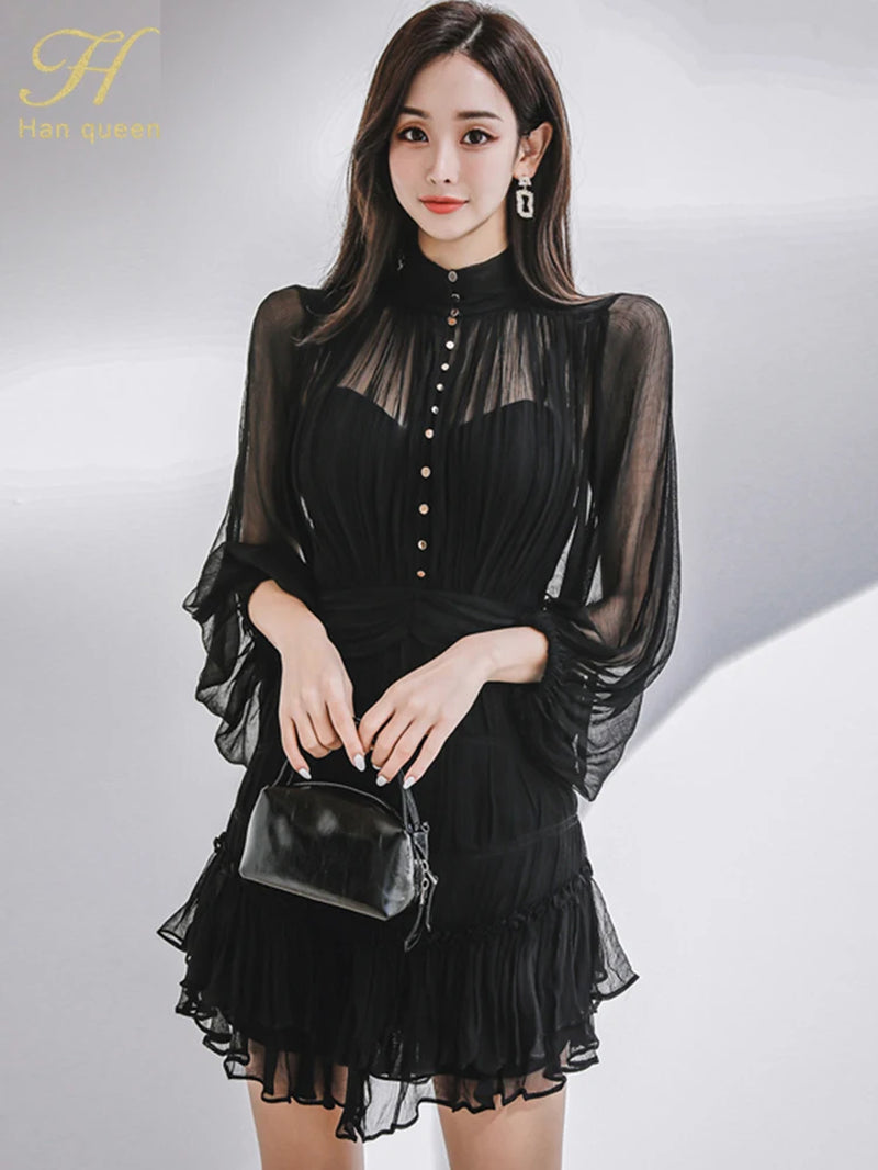 2024 Spring New in Dresses Elegant and Pretty Vintage Black Short Dress Women Simple Chiffon Casual Party Vestidos