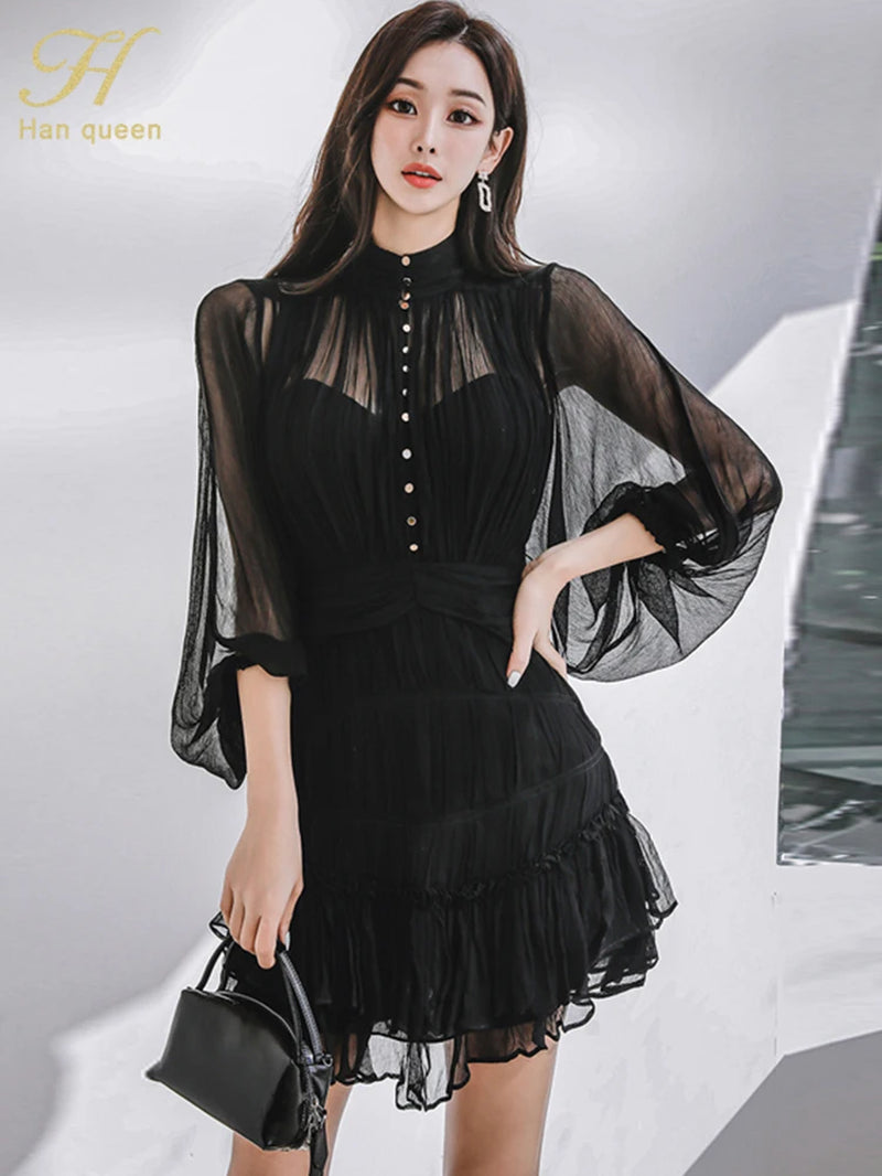 2024 Spring New in Dresses Elegant and Pretty Vintage Black Short Dress Women Simple Chiffon Casual Party Vestidos