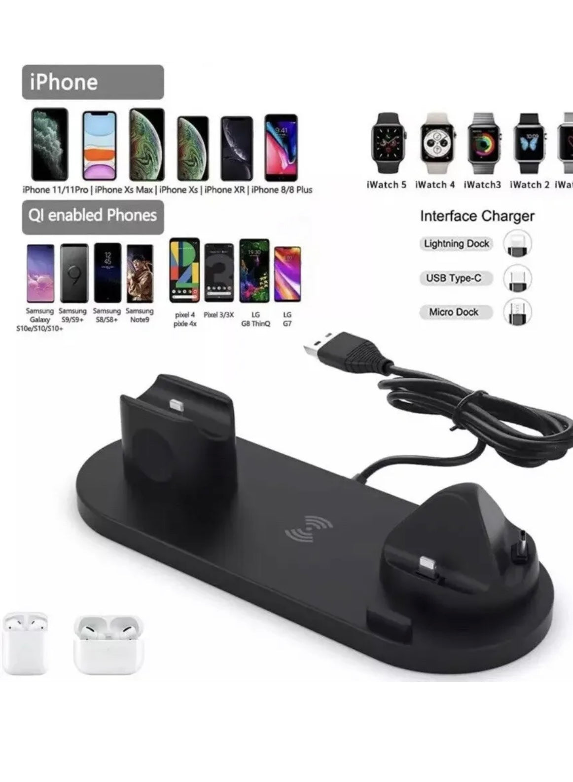 Phone Charger 4 In 1 10W Fast Wireless Universal Charger Station iPhone Samsung White