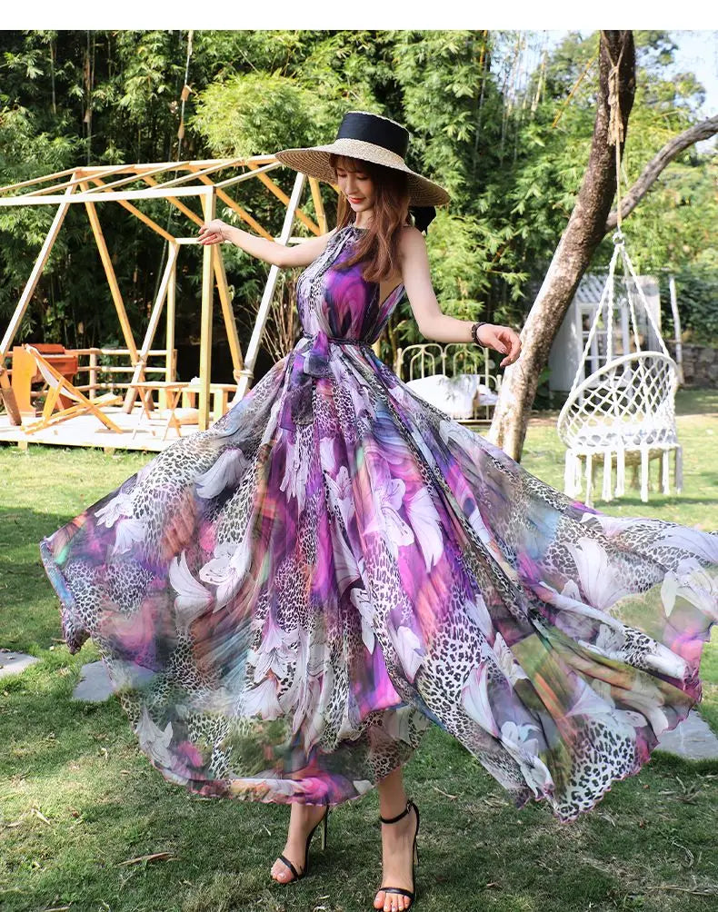  Floral Summer Sleeveless Suspender Maxi Dress for Women Backless Beach Purple Boho  Casual Sundress Gown