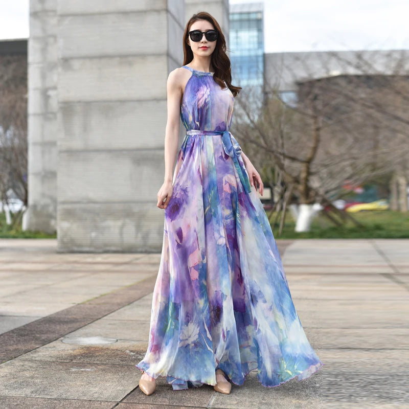  Floral Summer Sleeveless Suspender Maxi Dress for Women Backless Beach Purple Boho  Casual Sundress Gown