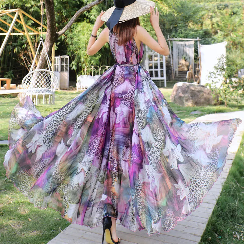  Floral Summer Sleeveless Suspender Maxi Dress for Women Backless Beach Purple Boho  Casual Sundress Gown