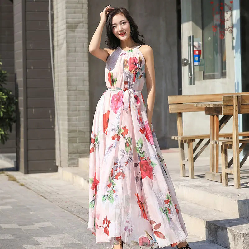  Floral Summer Sleeveless Suspender Maxi Dress for Women Backless Beach Purple Boho  Casual Sundress Gown