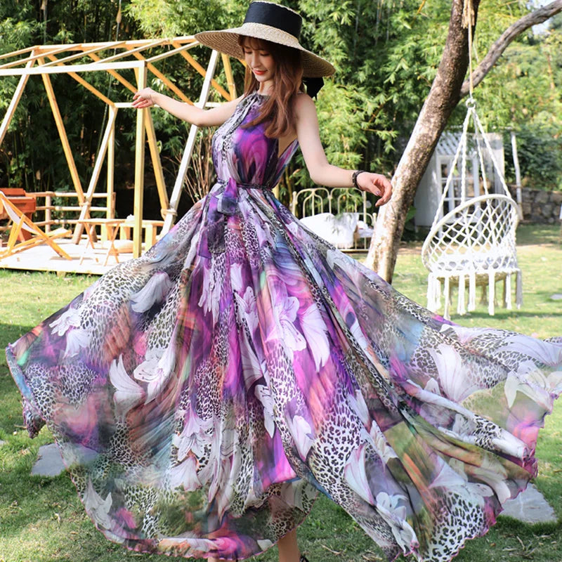  Floral Summer Sleeveless Suspender Maxi Dress for Women Backless Beach Purple Boho  Casual Sundress Gown