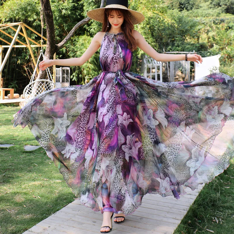  Floral Summer Sleeveless Suspender Maxi Dress for Women Backless Beach Purple Boho  Casual Sundress Gown