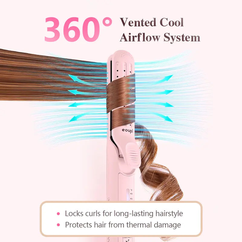 Eoupl 360° Airflow Styler | 2-In-1 Curling Wand & Titanium Flat Iron Hair Straightener Professional Curler with Cooling Air Vents to Lock in Style Dual Voltage Adjustable Temp